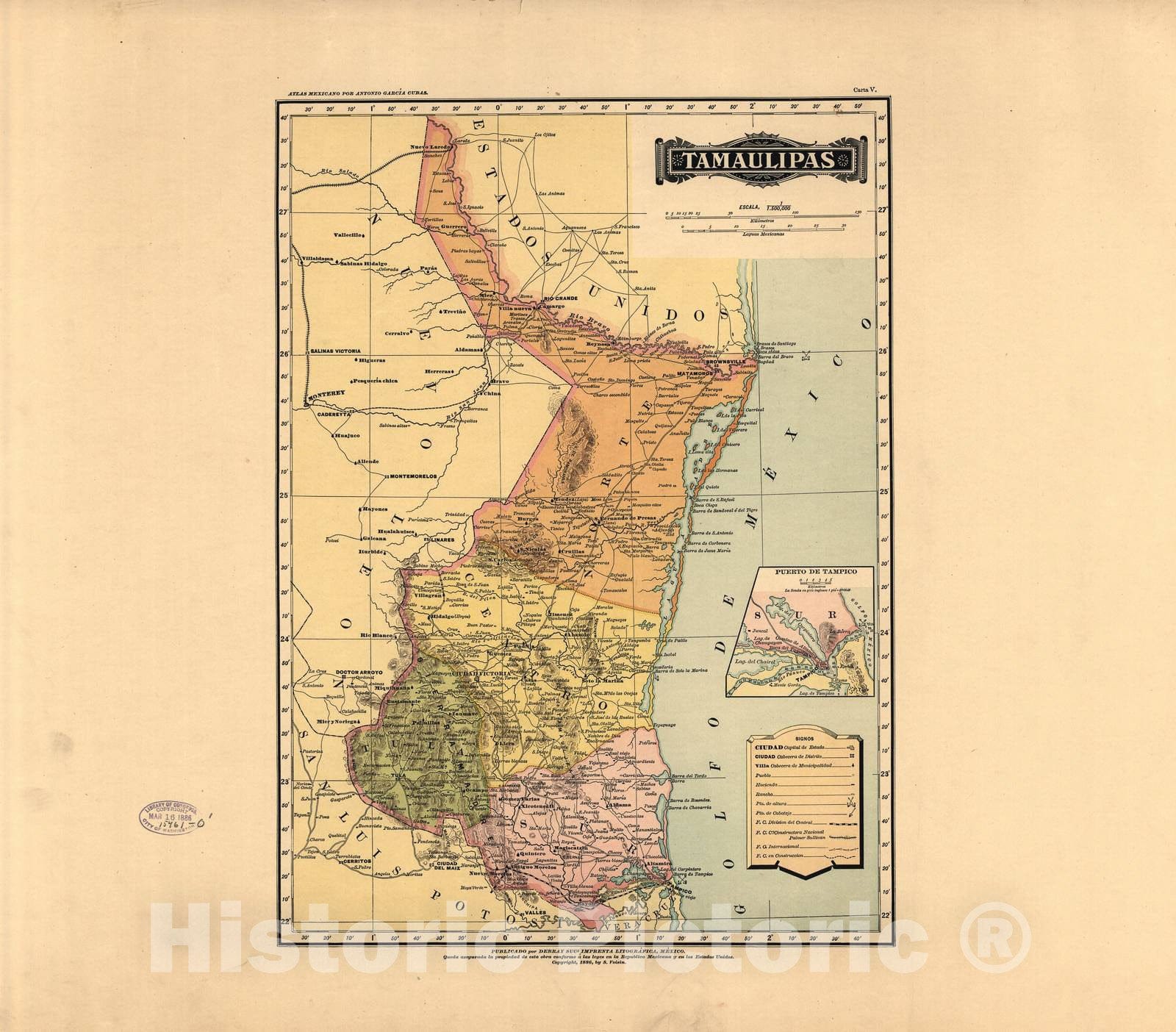Historic 1884 Map - Atlas Mexicano. - Tauaulipas