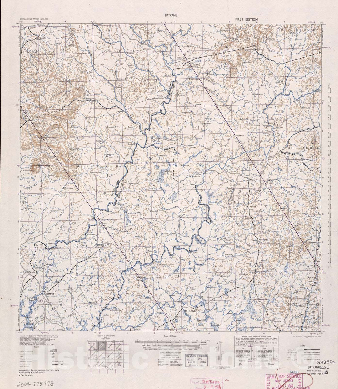 Historic 1942 Map - Sierra Leone, Africa - 1:250,000 - Batkanu - 1st ed.