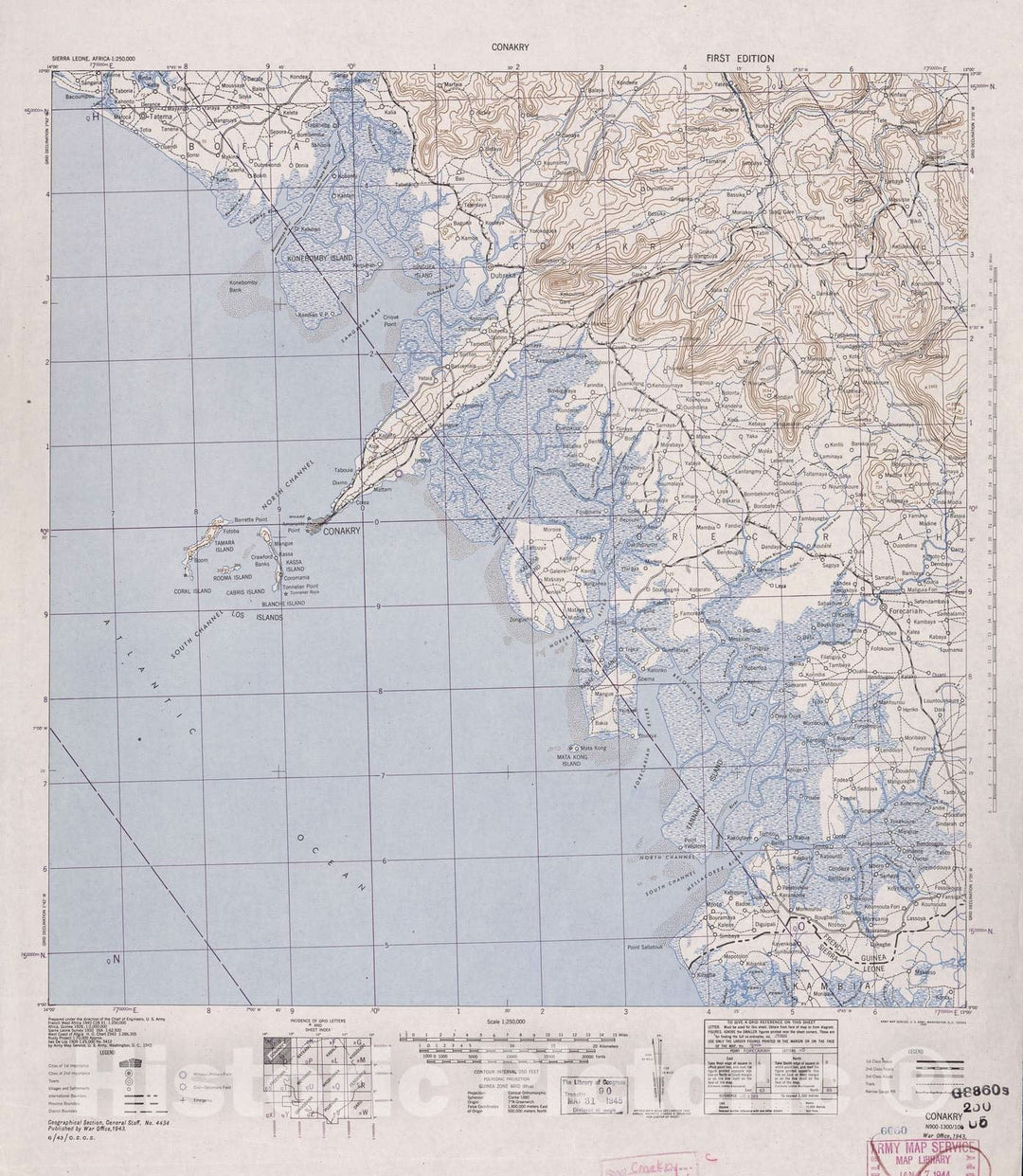Historic 1942 Map - Sierra Leone, Africa - 1:250,000 - Conakary - 1st ed.