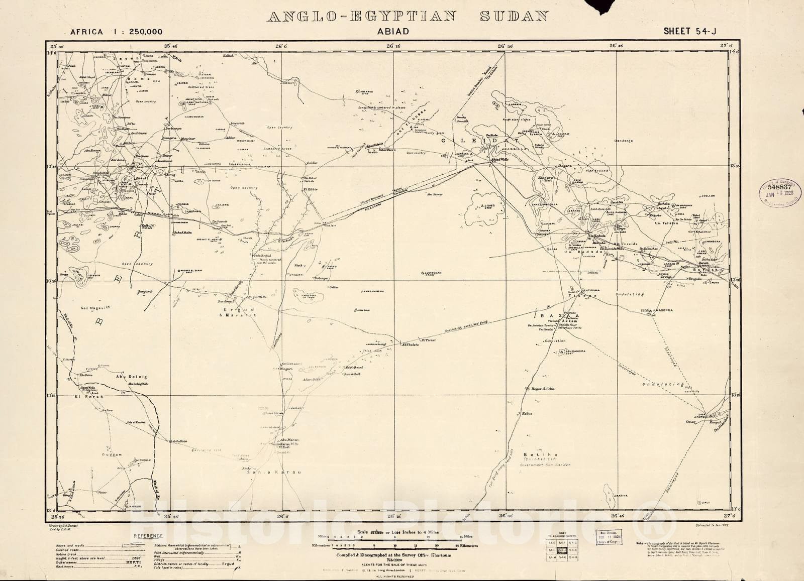Historic 1909 Map - Sudan 1:250,000 - Abiad Sheet 54-J Feb 1920 - Anglo-Egyptian Sudan