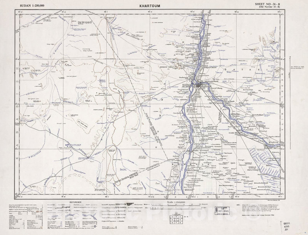 Historic 1909 Map - Sudan 1:250,000 - Khartoum Sheet ND-36-B (Old Number 55-B; No Month) 1966 - Anglo-Egyptian Sudan