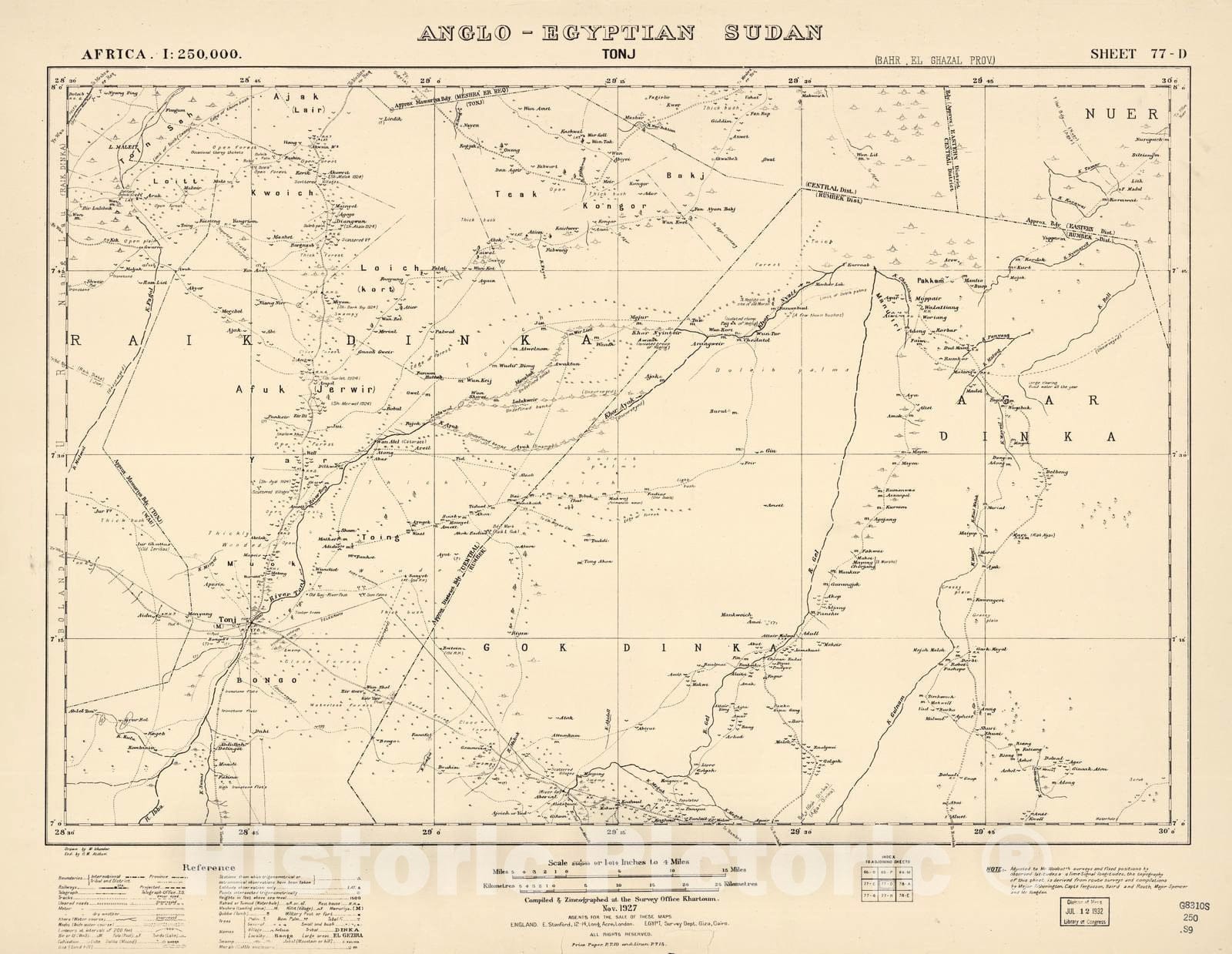 Historic 1909 Map - Sudan 1:250,000 - Tonj Sheet 77-D Nov 1927 - Anglo-Egyptian Sudan