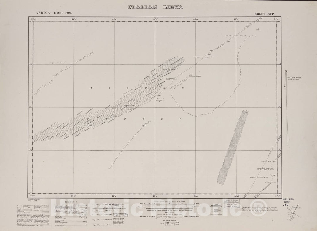 Historic 1909 Map - Sudan 1:250,000 - Italian Libya Sheet 33-P May 1935 - Anglo-Egyptian Sudan