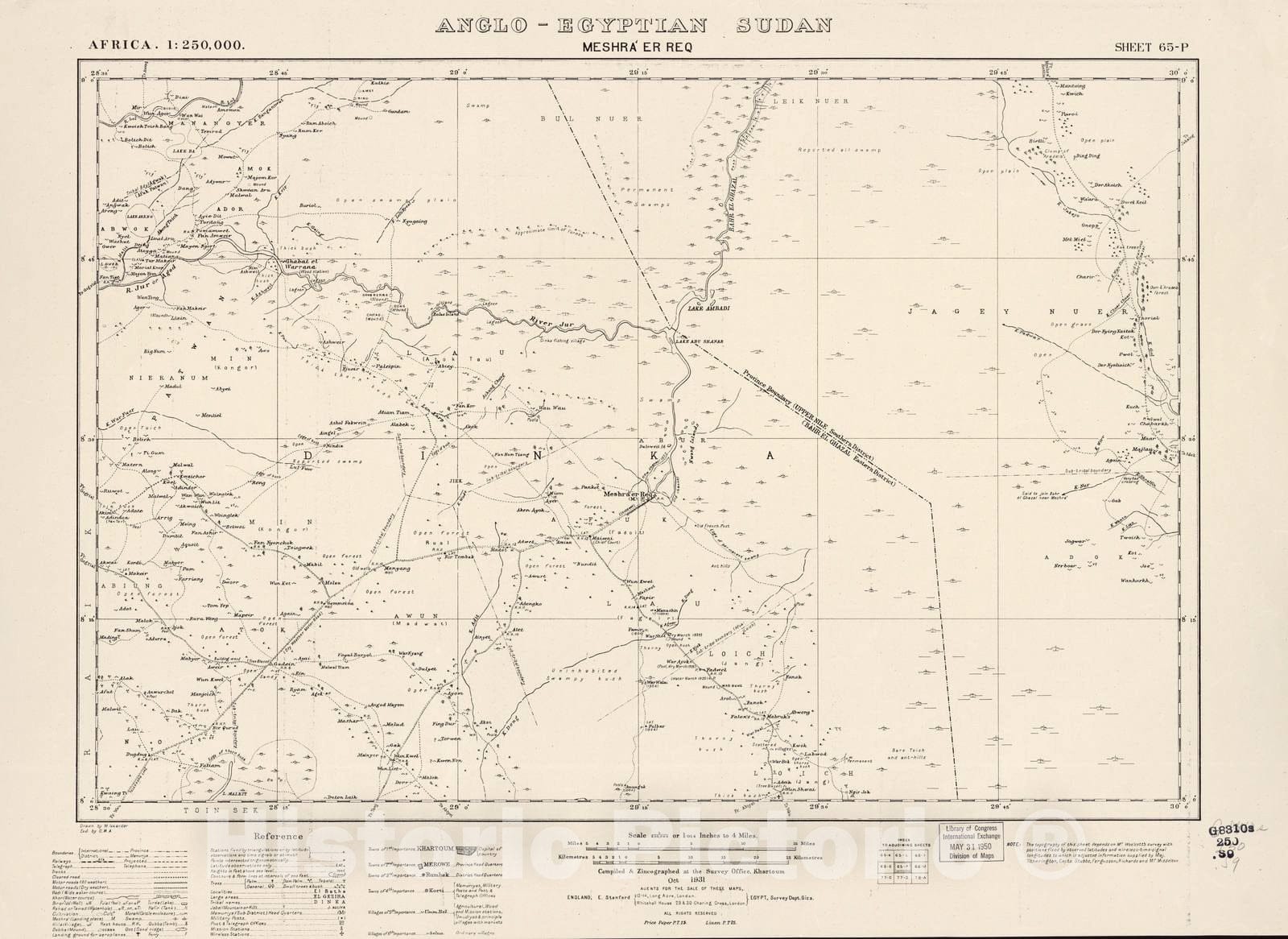 Historic 1909 Map - Sudan 1:250,000 - Meshra' Er Req Sheet 65-P Oct 1931 - Anglo-Egyptian Sudan 1