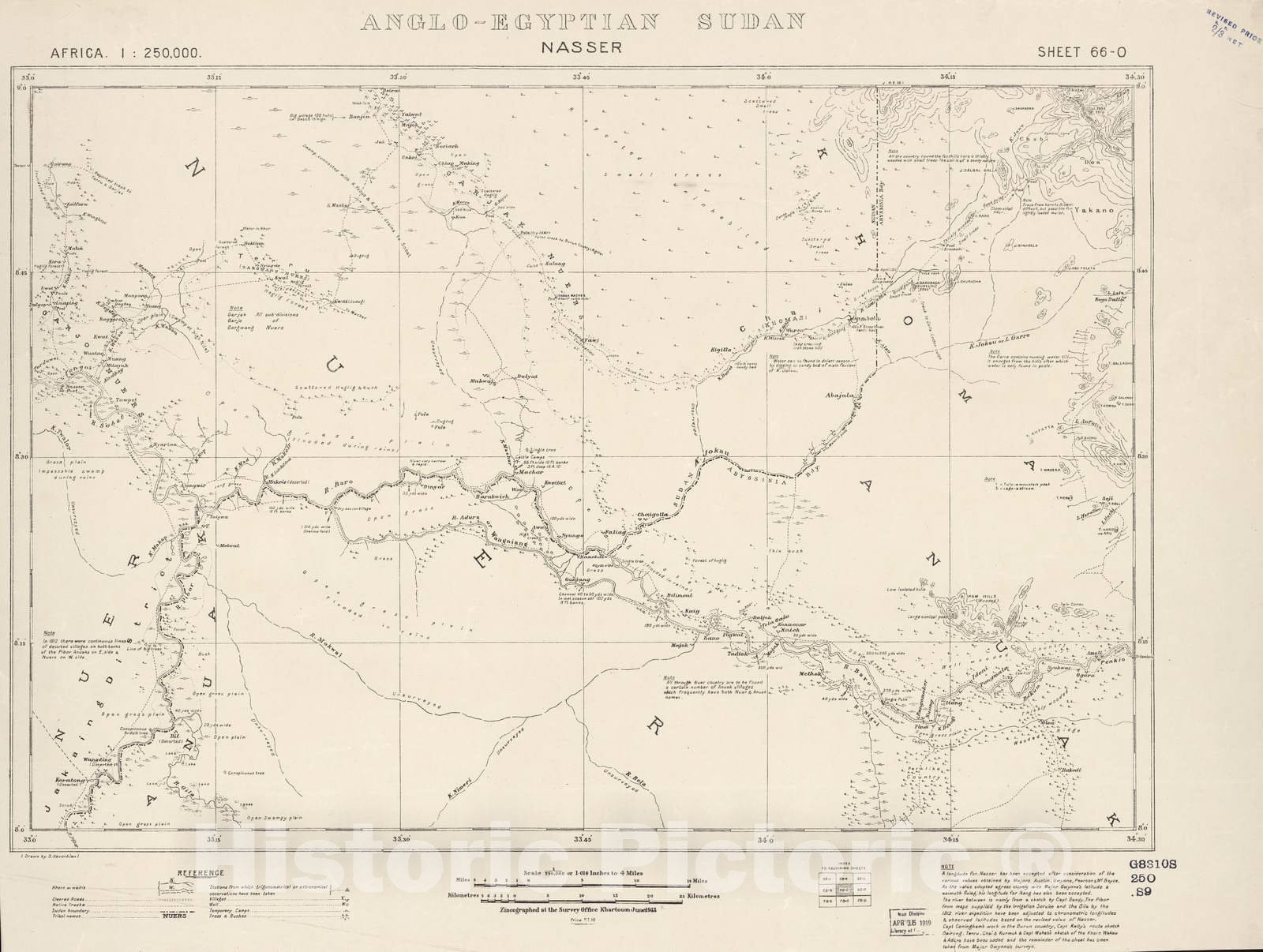 Historic 1909 Map - Sudan 1:250,000 - Nasser Sheet 66-O Jun 1913 - Anglo-Egyptian Sudan