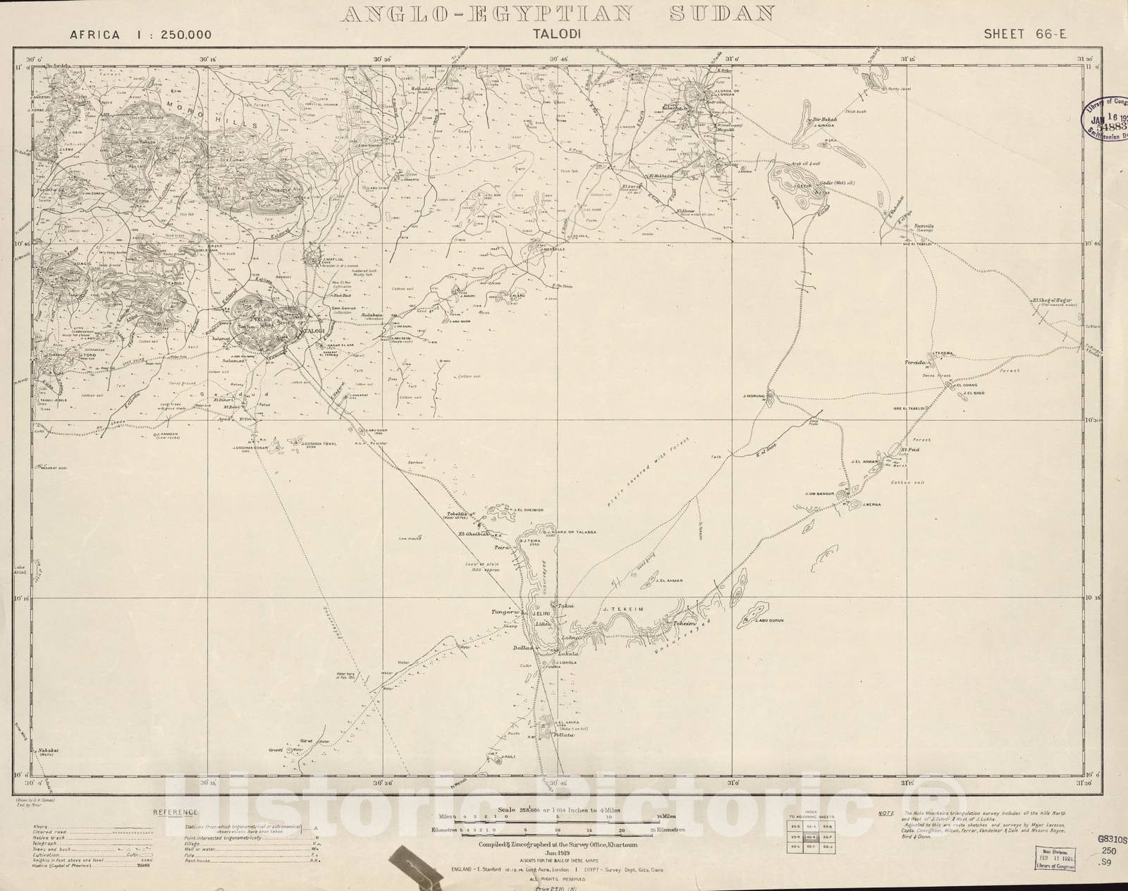 Historic 1909 Map - Sudan 1:250,000 - Talodi Sheet 66-E Jun 1919 - Anglo-Egyptian Sudan
