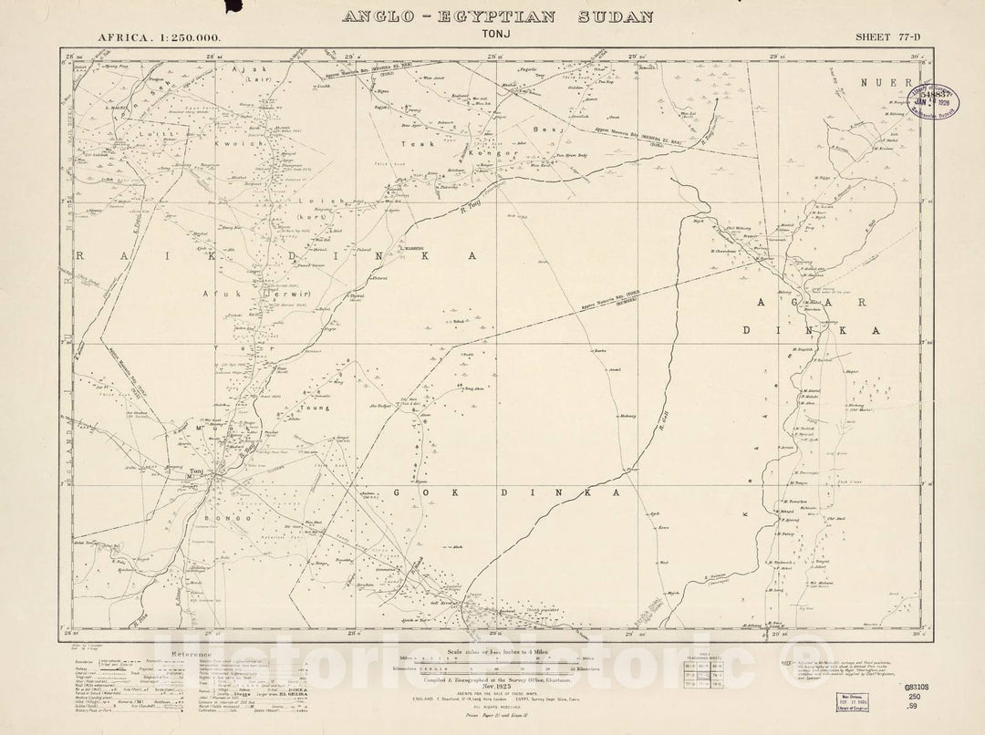 Historic 1909 Map - Sudan 1:250,000 - Tonj Sheet 77-D Nov 1925 - Anglo-Egyptian Sudan