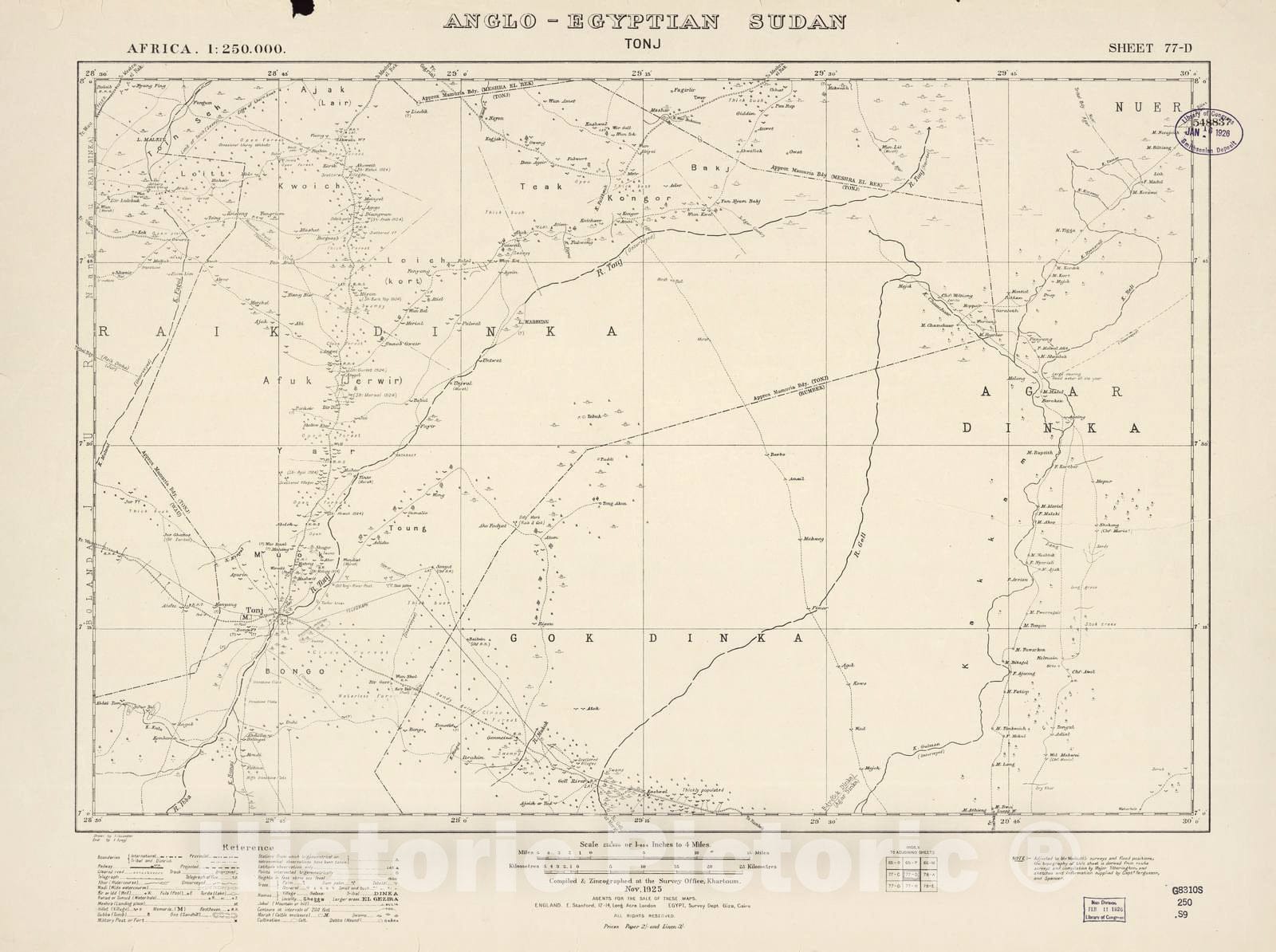 Historic 1909 Map - Sudan 1:250,000 - Tonj Sheet 77-D Nov 1925 - Anglo-Egyptian Sudan