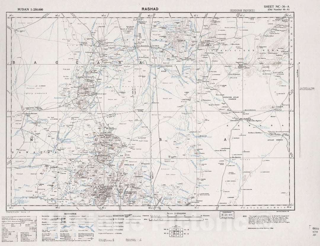 Historic 1909 Map - Sudan 1:250,000 - Rashad Sheet NC-36-A (Old Number 66-A; No Month) 1966 - Anglo-Egyptian Sudan