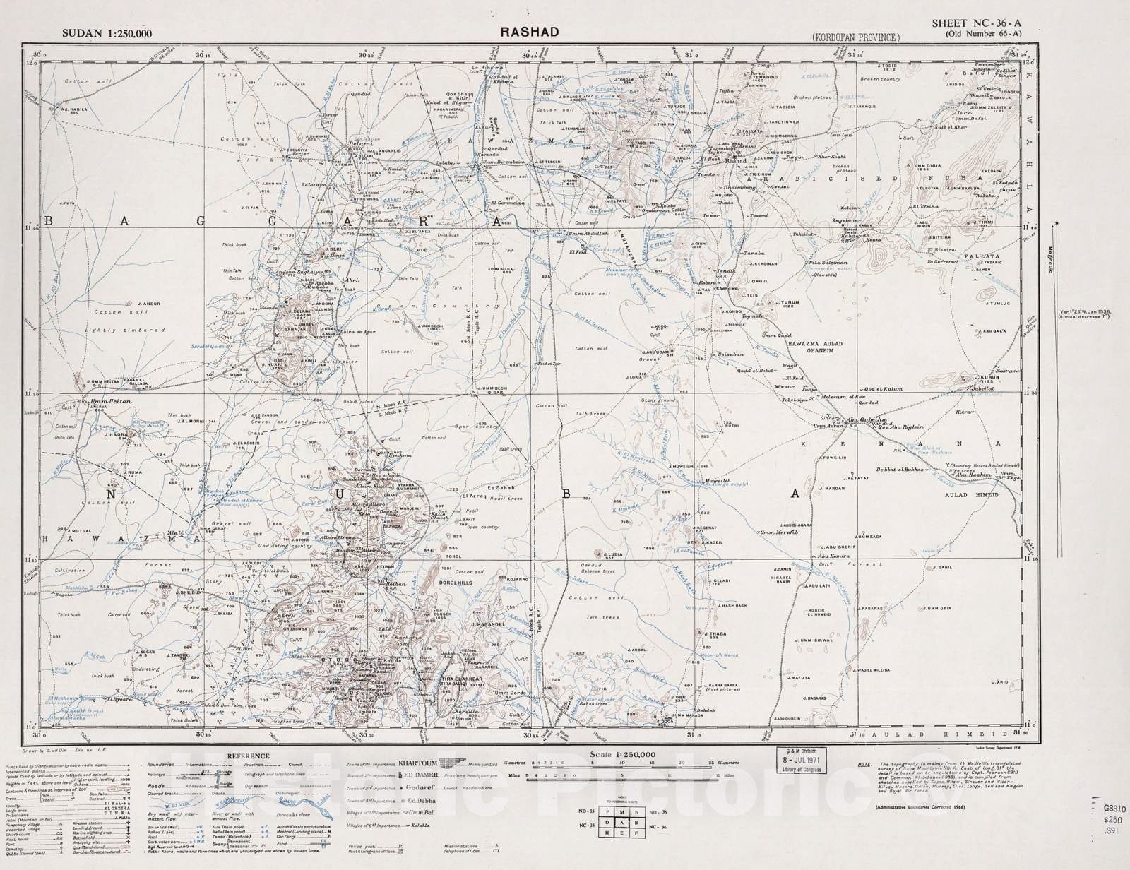 Historic 1909 Map - Sudan 1:250,000 - Rashad Sheet NC-36-A (Old Number 66-A; No Month) 1966 - Anglo-Egyptian Sudan