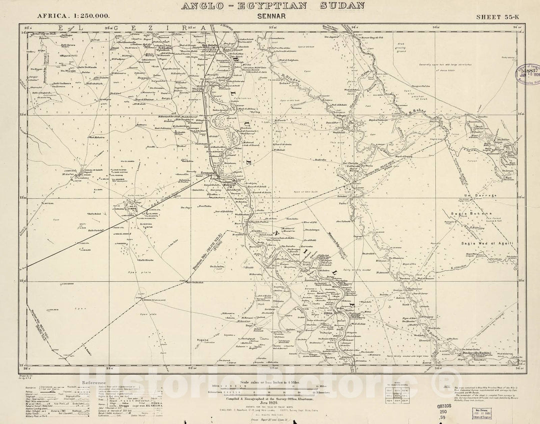 Historic 1909 Map - Sudan 1:250,000 - Sennar Sheet 55-K Jun 1925 - Anglo-Egyptian Sudan