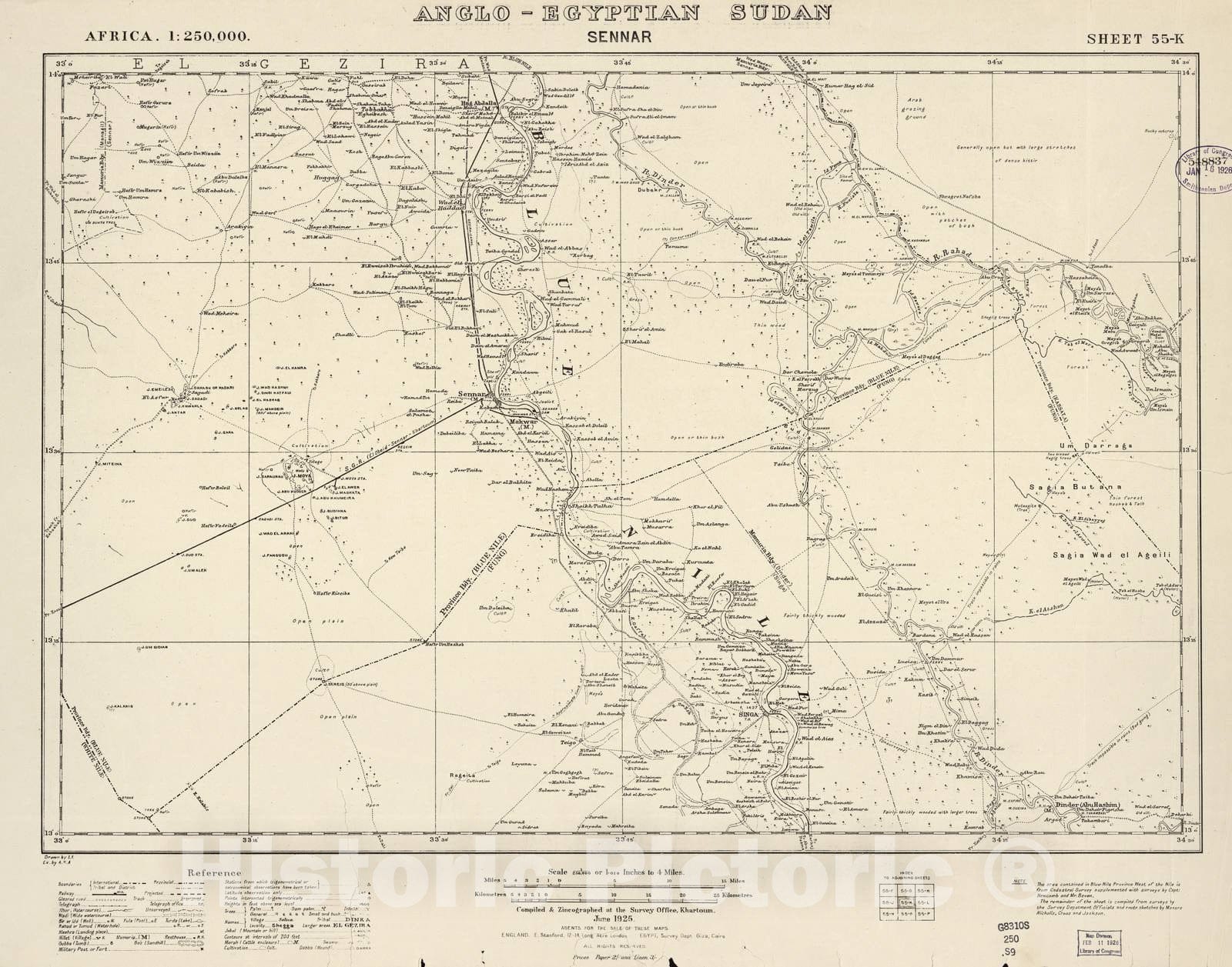 Historic 1909 Map - Sudan 1:250,000 - Sennar Sheet 55-K Jun 1925 - Anglo-Egyptian Sudan