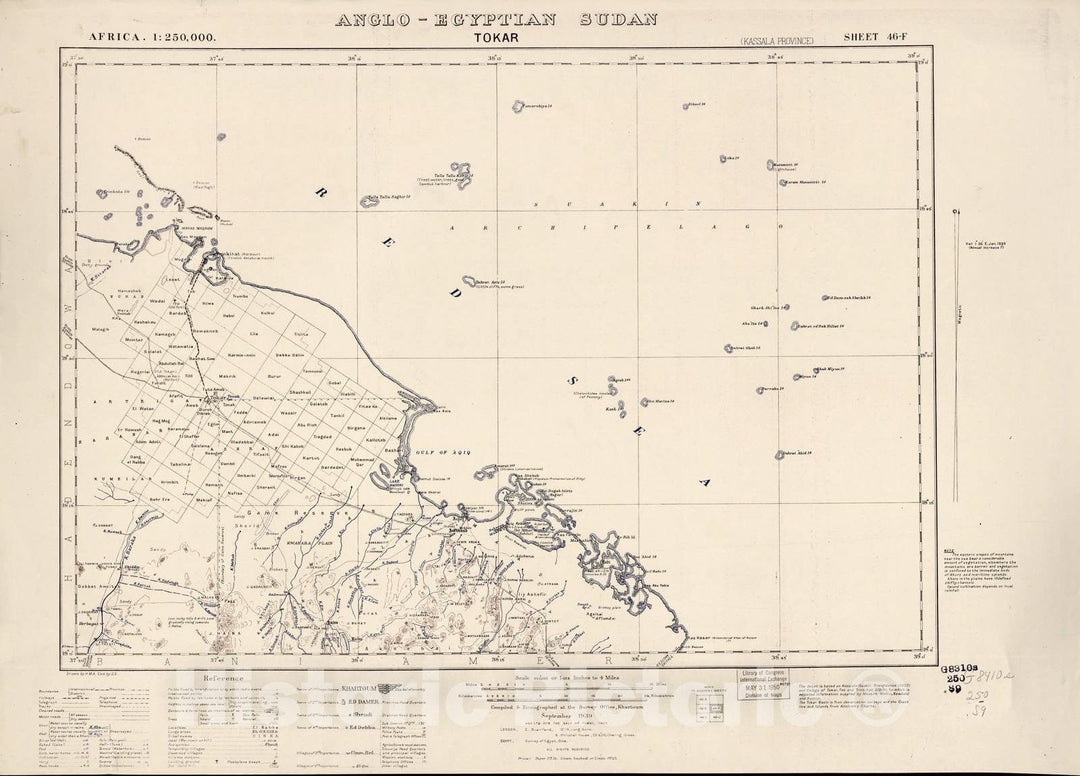 Historic 1909 Map - Sudan 1:250,000 - Tokar Sheet 46-F Sep 1939 - Anglo-Egyptian Sudan