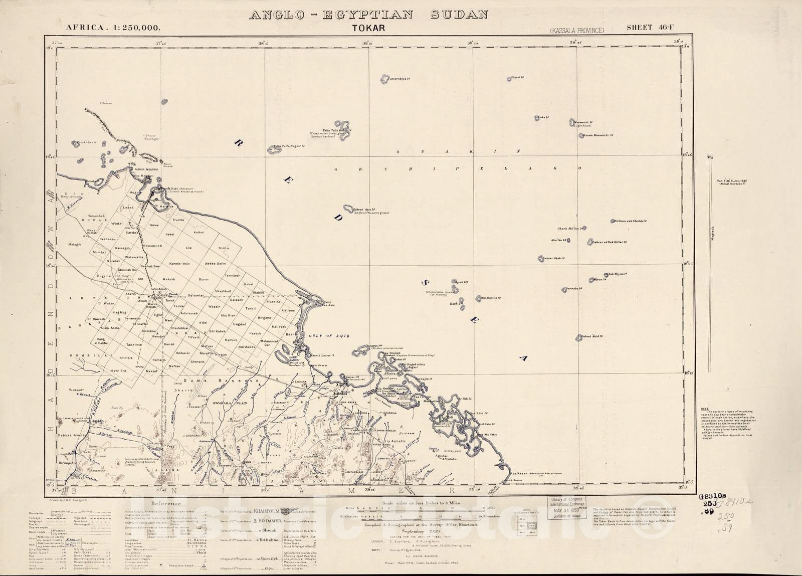Historic 1909 Map - Sudan 1:250,000 - Tokar Sheet 46-F Sep 1939 - Anglo-Egyptian Sudan