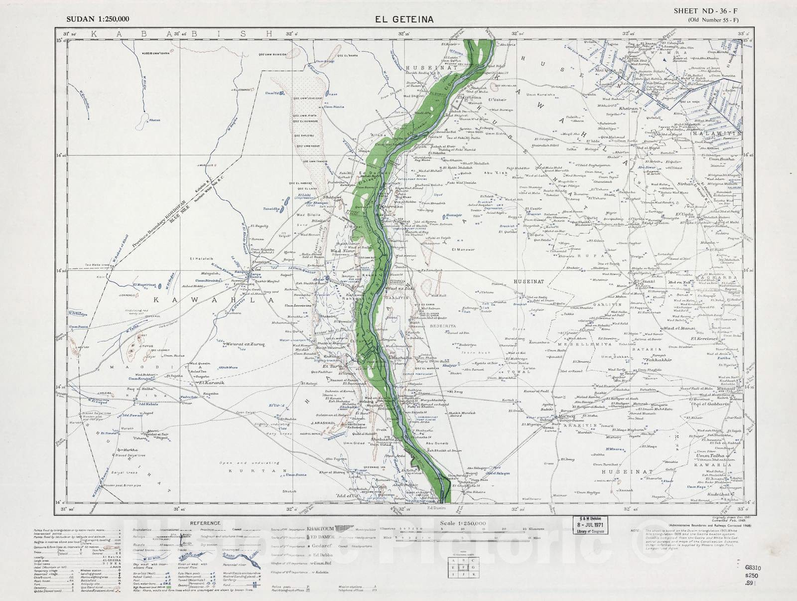 Historic 1909 Map - Sudan 1:250,000 - El Geteina Sheet ND-36-F (Old Number 55-F; No Month) 1968 - Anglo-Egyptian Sudan