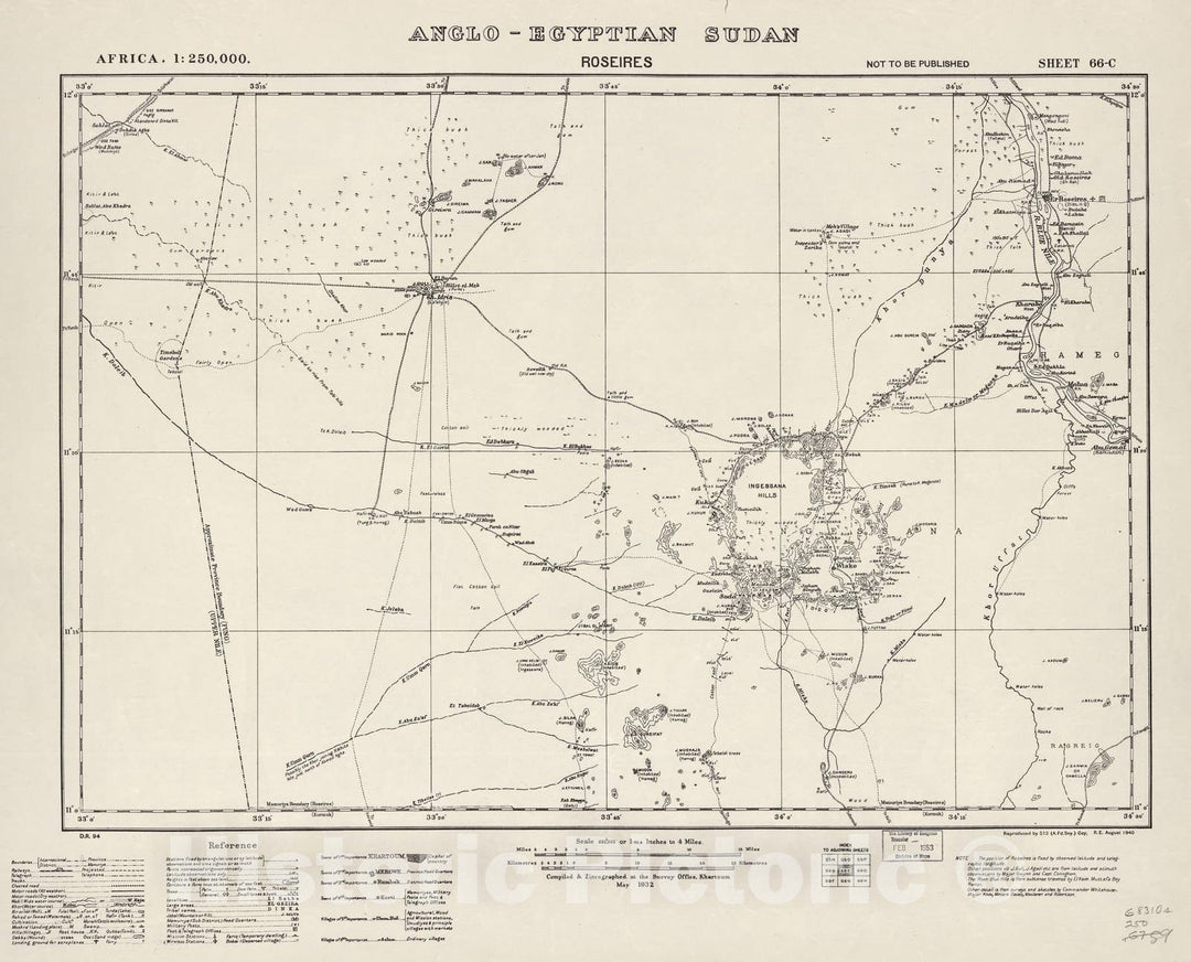Historic 1909 Map - Sudan 1:250,000 - Roseires Sheet 66-C Aug 1932 - Anglo-Egyptian Sudan