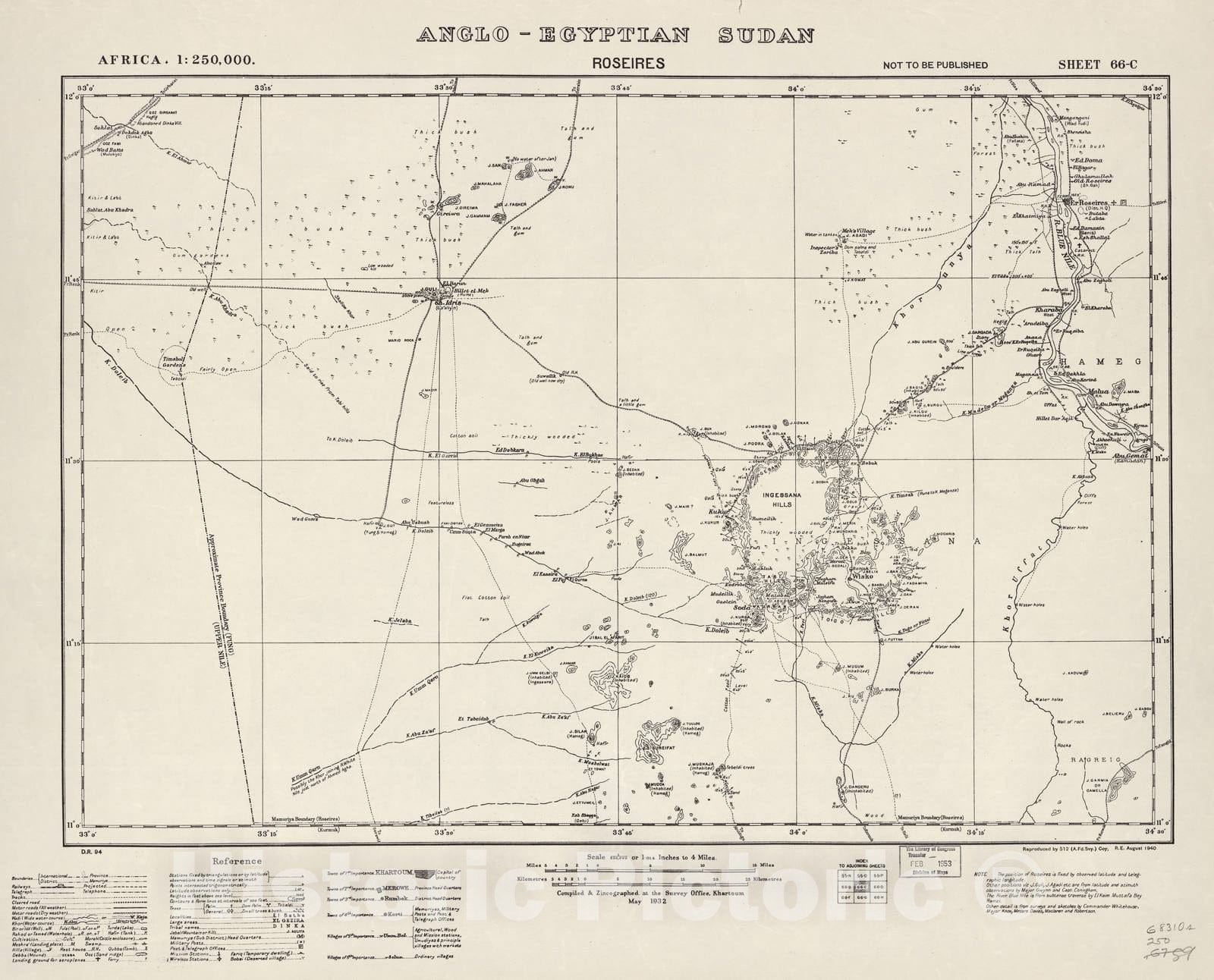 Historic 1909 Map - Sudan 1:250,000 - Roseires Sheet 66-C Aug 1932 - Anglo-Egyptian Sudan