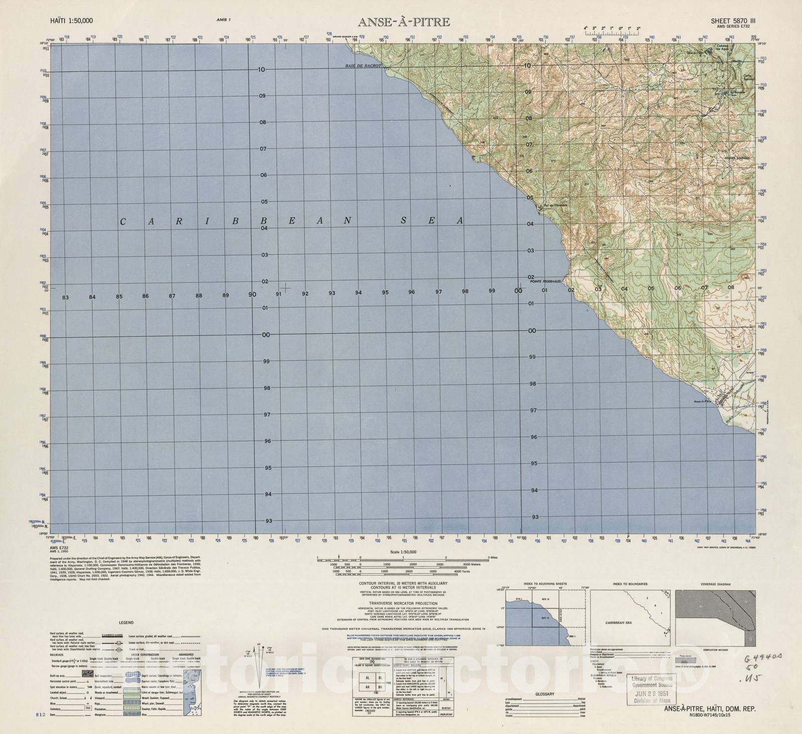 Historic 1948 Map - Haiti 1:50,000. - ANSE-A-Pitre, Sheet 5870 III - 1 ed.