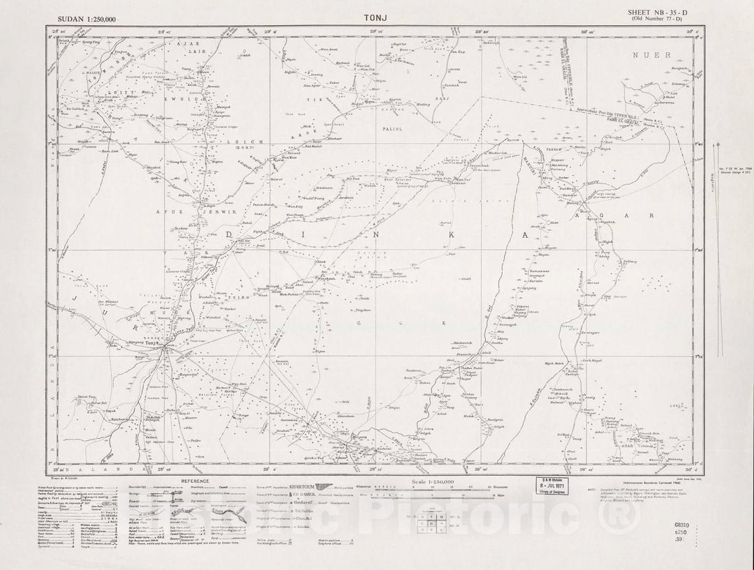 Historic 1909 Map - Sudan 1:250,000 - Tonj Sheet NB-35-D (Old Number 77-D; No Month) 1966 - Anglo-Egyptian Sudan