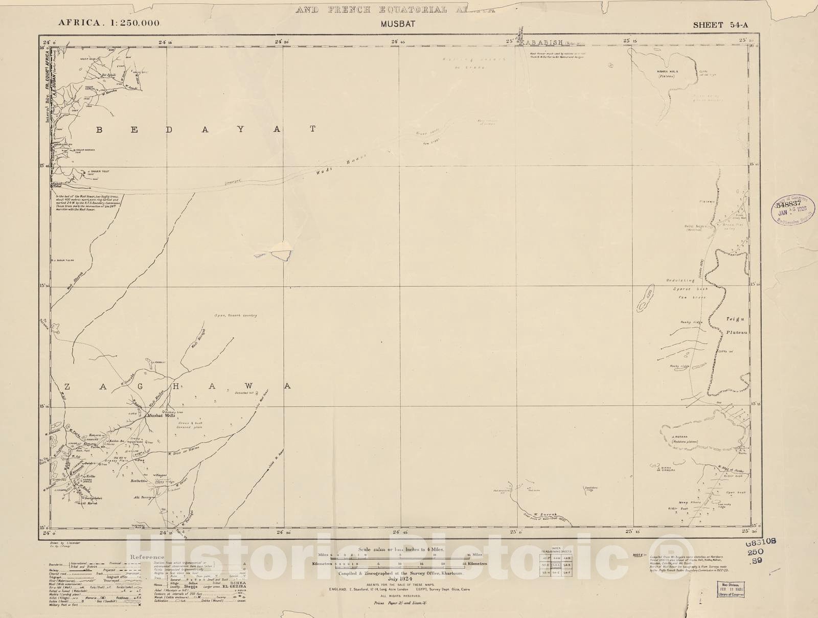 Historic 1909 Map - Sudan 1:250,000 - Musbat Sheet 54-A Jul 1924 - Anglo-Egyptian Sudan