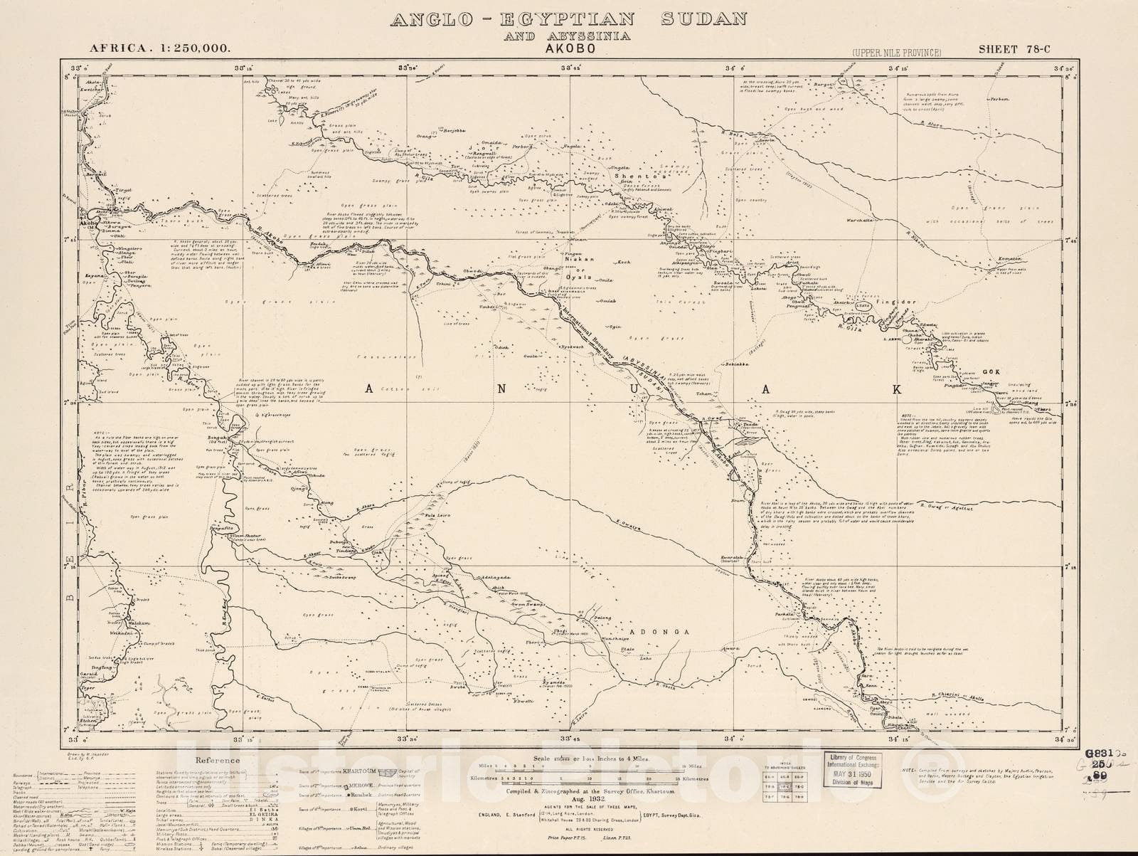 Historic 1909 Map - Sudan 1:250,000 - Akobo Sheet 78-C Aug 1932 - Anglo-Egyptian Sudan