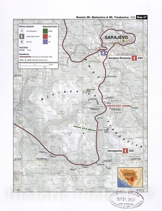 Historic 2002 Map - Balkan battlegrounds - Bosnia: Mt. Bjelasnica & Mt. Treskavica, 1994
