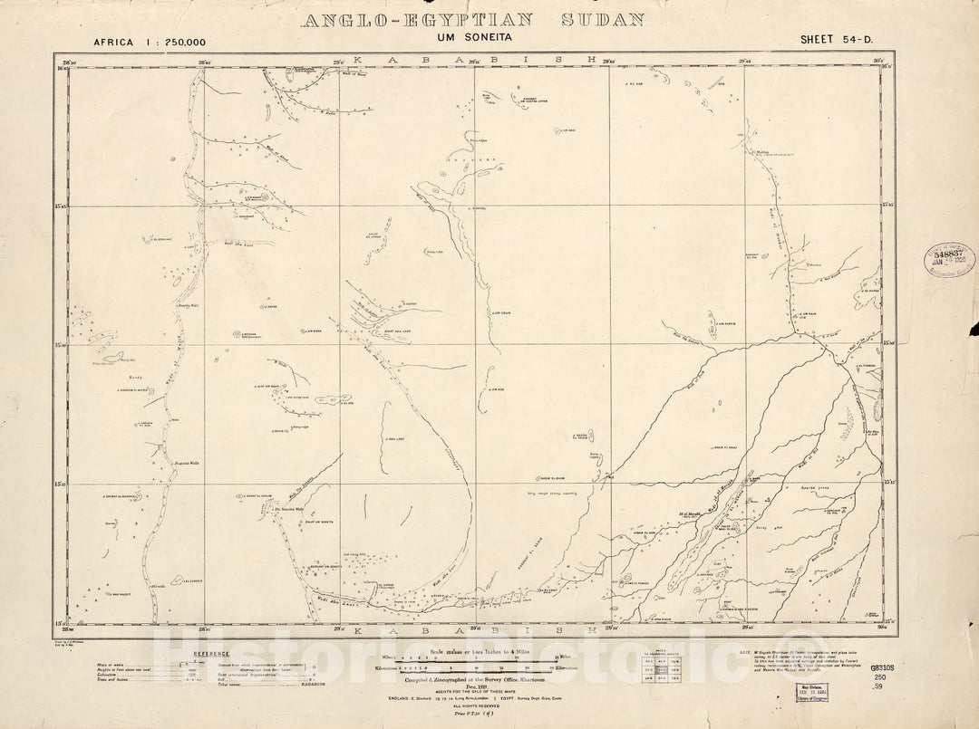 Historic 1909 Map - Sudan 1:250,000 - Um Soneita Sheet 54-D Dec 1919 - Anglo-Egyptian Sudan