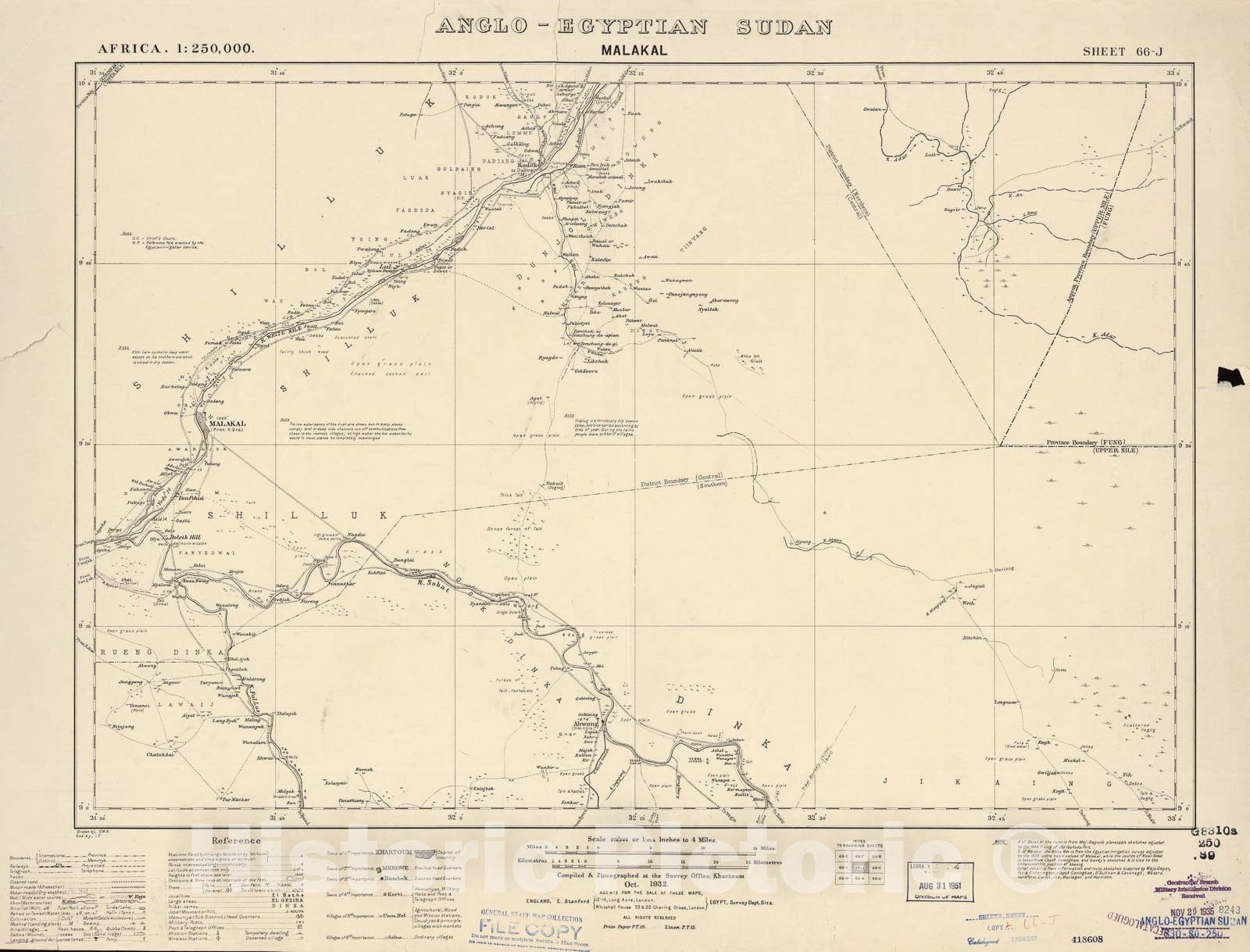 Historic 1909 Map - Sudan 1:250,000 - Malakal Sheet 66-J Oct 1932 - Anglo-Egyptian Sudan