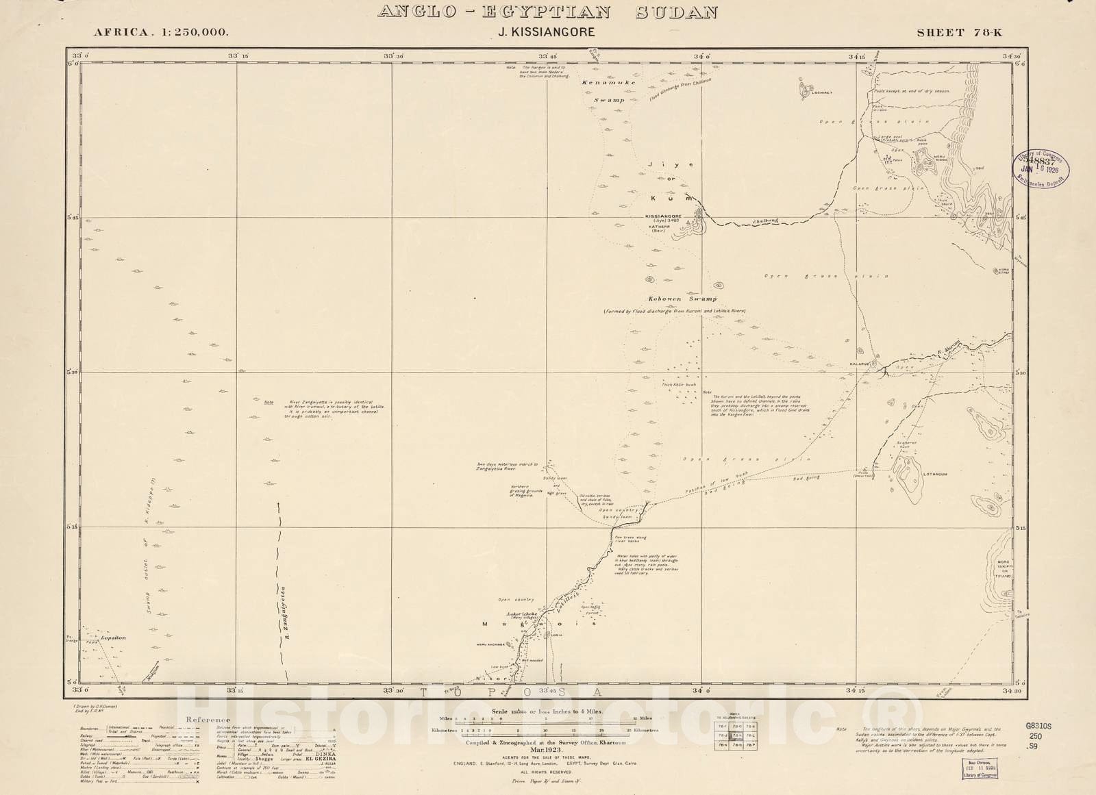 Historic 1909 Map - Sudan 1:250,000 - J. Kissiangore Sheet 78-K Mar 1923 - Anglo-Egyptian Sudan