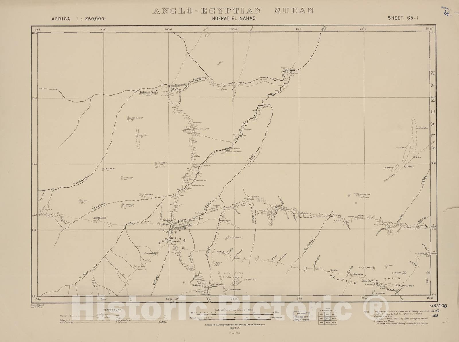 Historic 1909 Map - Sudan 1:250,000 - Hofrat El Nahas Sheet 65-I Mar 1916 - Anglo-Egyptian Sudan 2