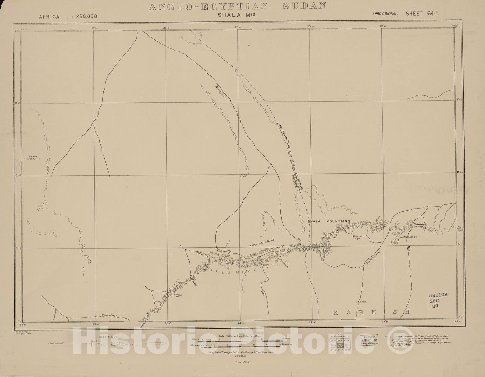 Historic 1909 Map - Sudan 1:250,000 - Shala MTS Sheet 64-L Feb 1916 - Anglo-Egyptian Sudan