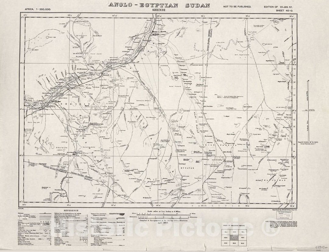 Historic 1909 Map - Sudan 1:250,000 - Shendi Sheet 45-O Apr 1933 - Anglo-Egyptian Sudan