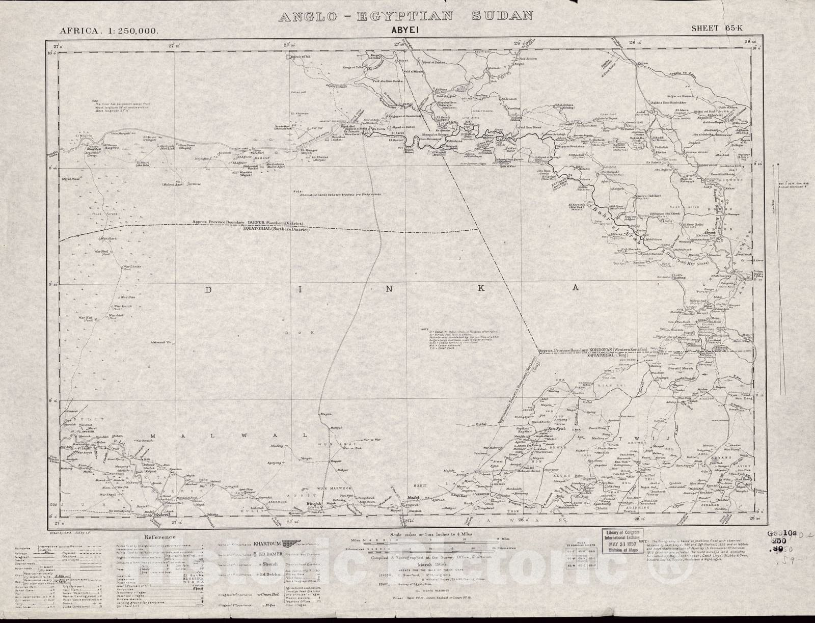 Historic 1909 Map - Sudan 1:250,000 - Abyei Sheet 65-K Mar 1936 - Anglo-Egyptian Sudan