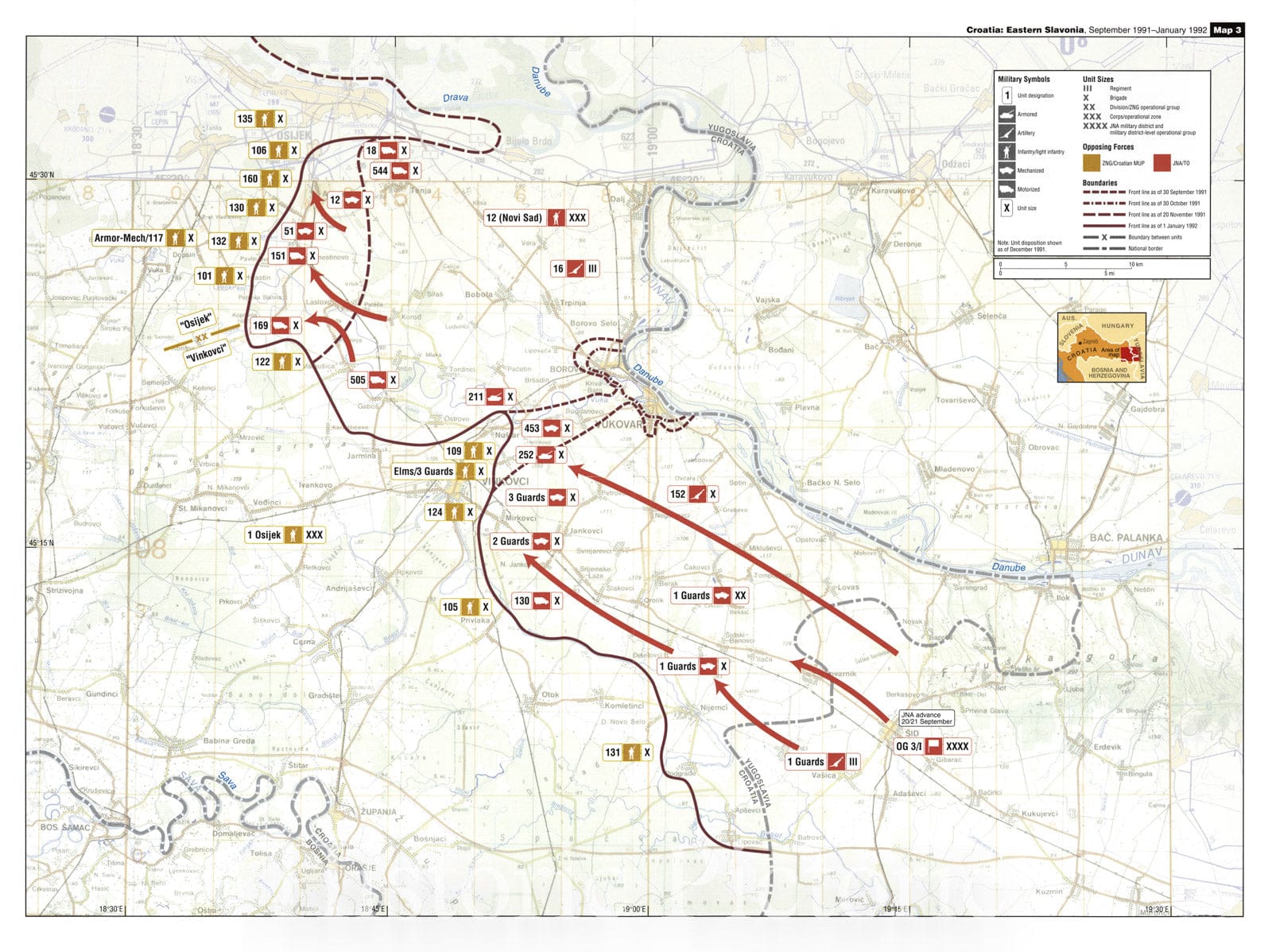 Historic 2002 Map - Balkan battlegrounds - Croatia: Eastern Slavonia, September 1991-January 1992