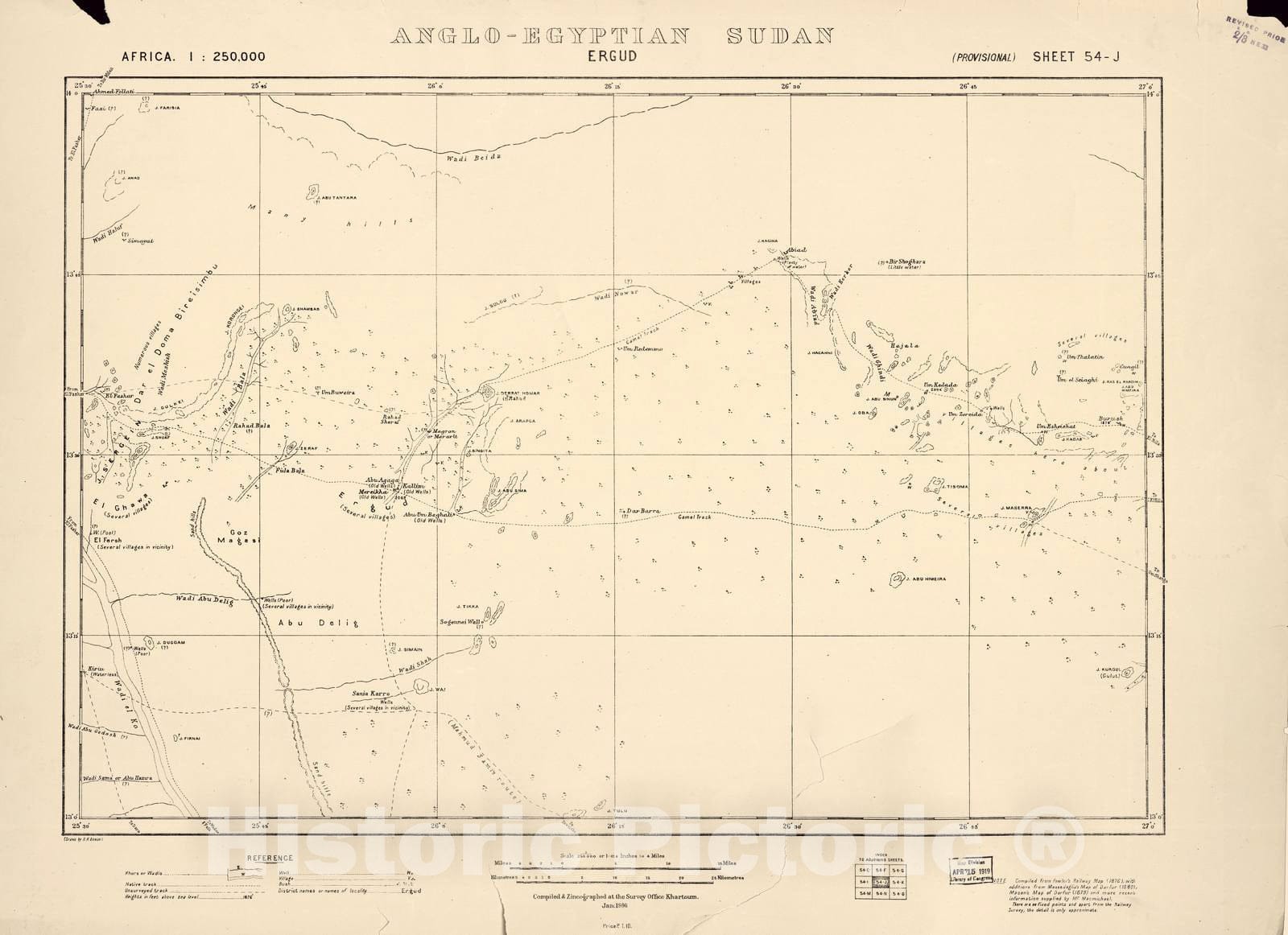 Historic 1909 Map - Sudan 1:250,000 - Ergud Sheet 54-J Jan 1916 - Anglo-Egyptian Sudan