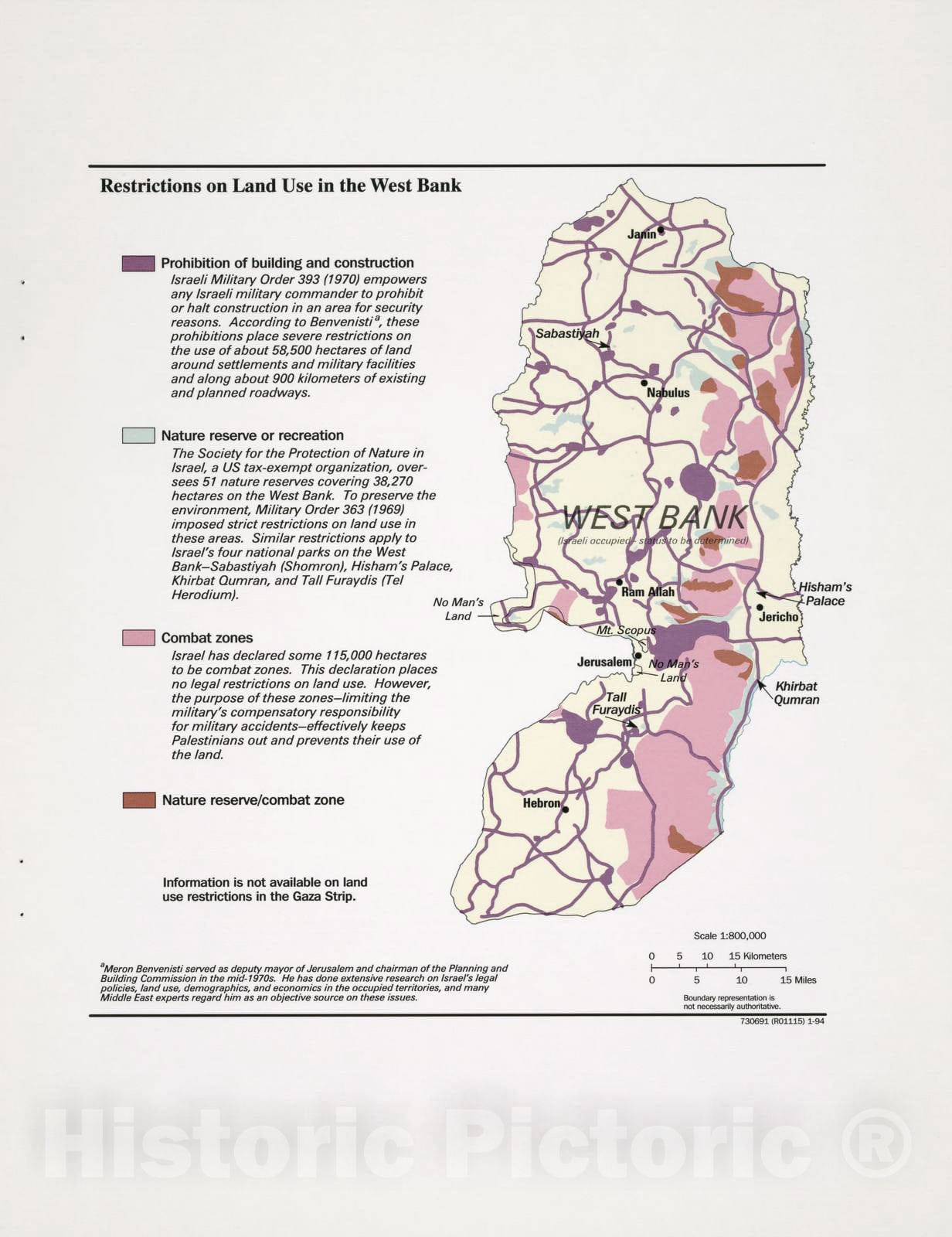 Historic 1994 Map - The Gaza Strip & West Bank : a map Folio - Restrictions on Land Use in The West Bank - Gaza Strip and West Bank