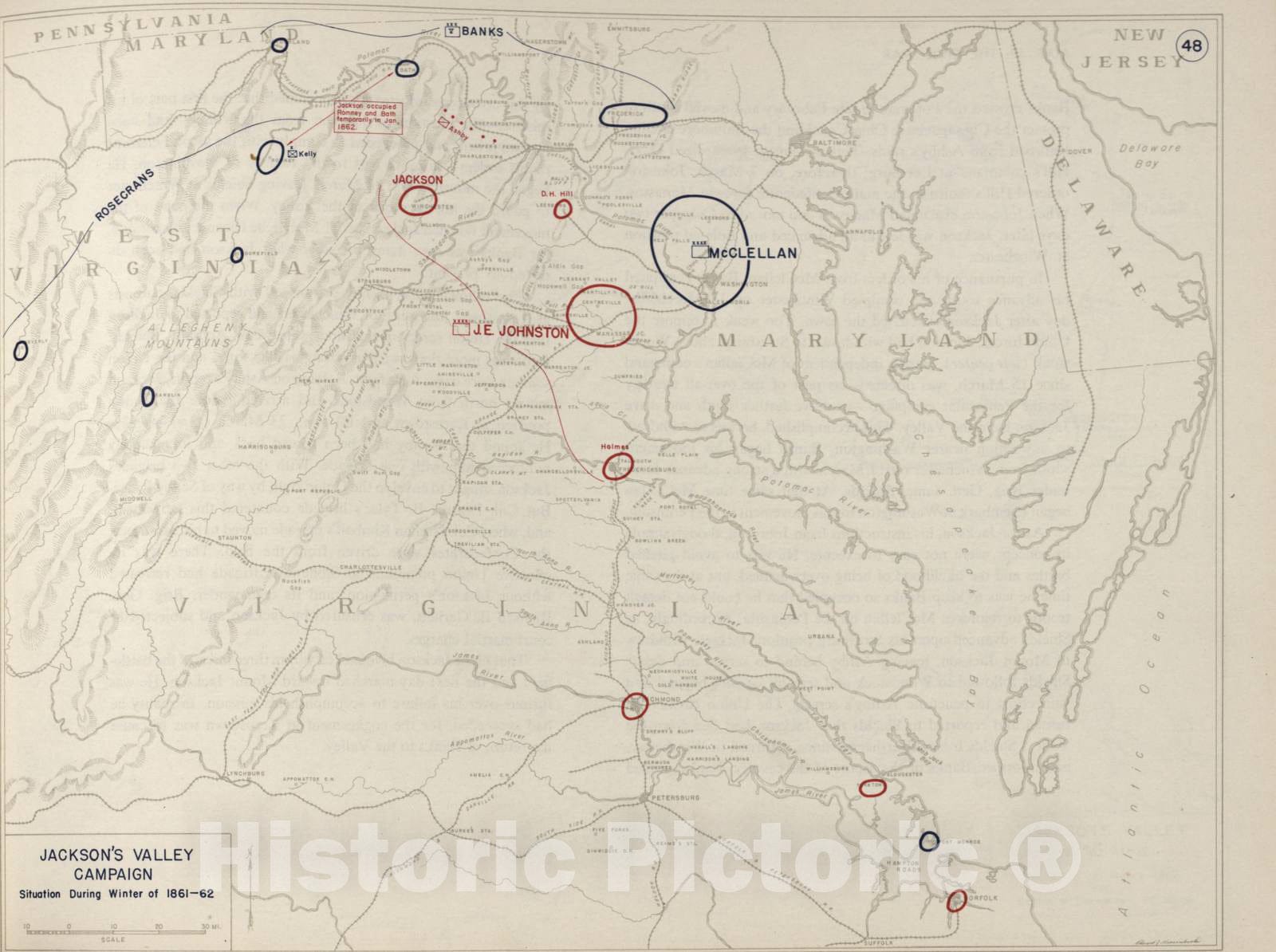 Historic 1962 Map - The West Point Atlas of The Civil War - Jackson's Valley Campaign, Cross Keys; Port Republic,1862