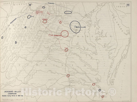 Historic 1962 Map - The West Point Atlas of The Civil War - Jackson's Valley Campaign, Cross Keys; Port Republic,1862
