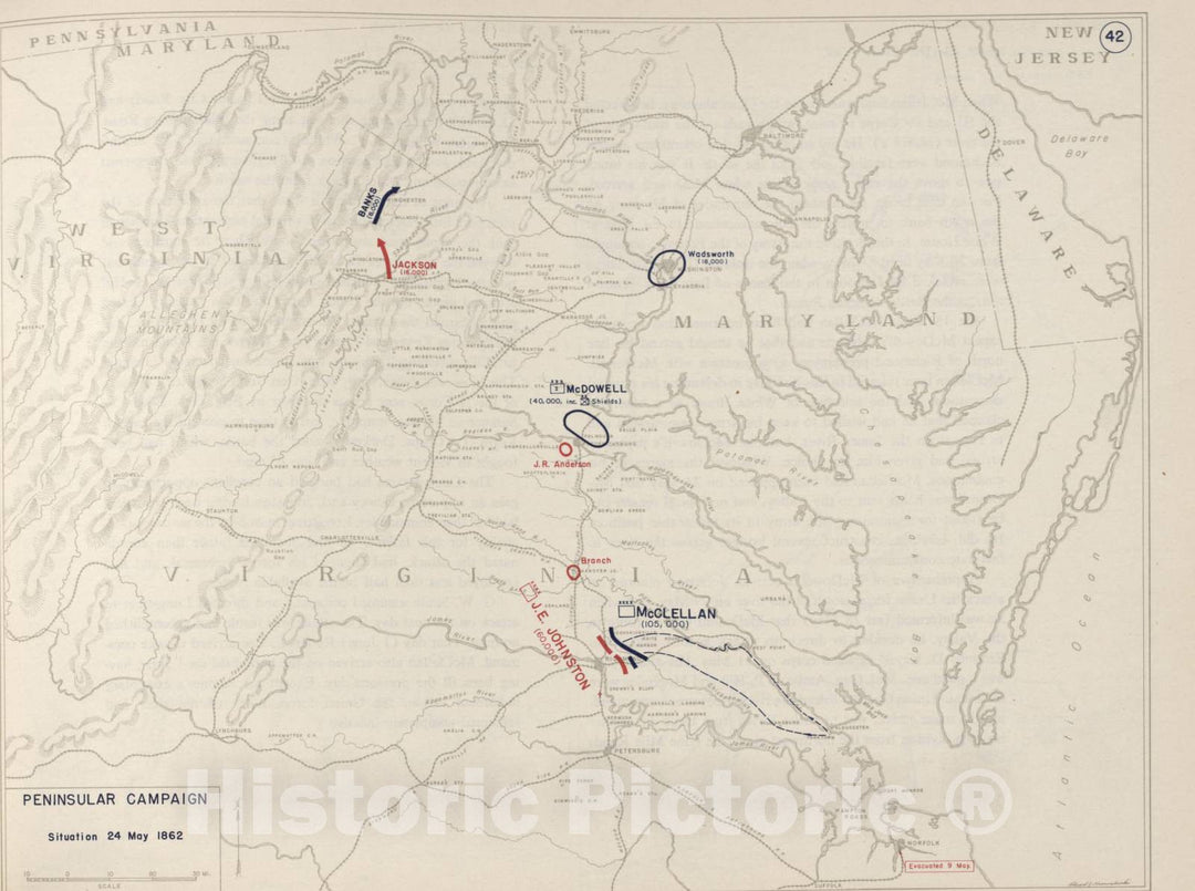 Historic 1962 Map - The West Point Atlas of The Civil War - Peninsular Campaign - May 24, 1862
