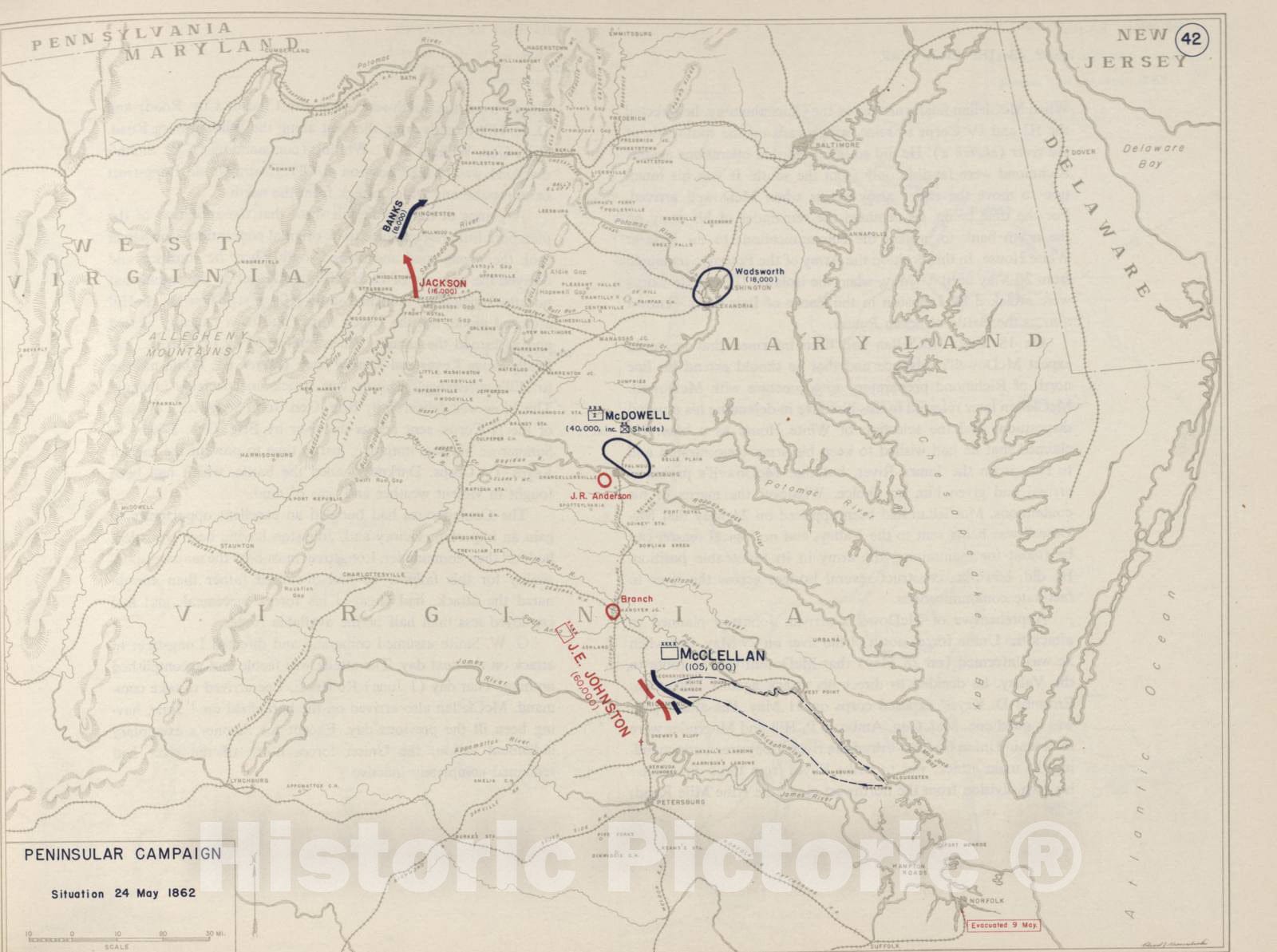 Historic 1962 Map - The West Point Atlas of The Civil War - Peninsular Campaign - May 24, 1862