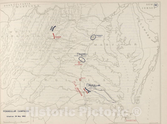 Historic 1962 Map - The West Point Atlas of The Civil War - Peninsular Campaign - May 24, 1862