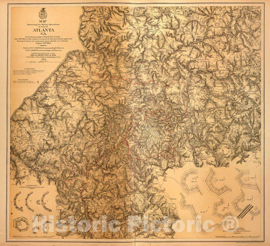 Historic 1883 Map - Military maps of The United States. - Map of Military Operations in Atlanta, Ga, Including Peach Tree Creek, 1864