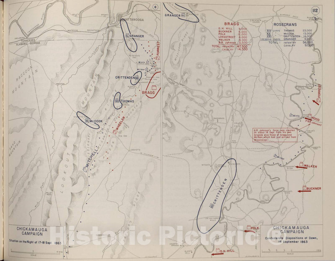 Historic 1959 Map - The West Point Atlas of American Wars - Chickamauga Campaign; Tullahoma Campaign, June and July 1863