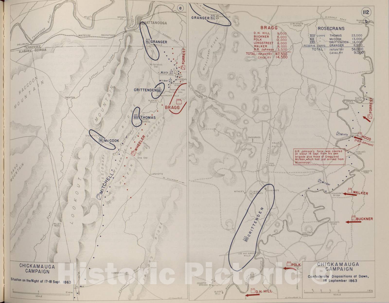 Historic 1959 Map - The West Point Atlas of American Wars - Chickamauga Campaign; Tullahoma Campaign, June and July 1863