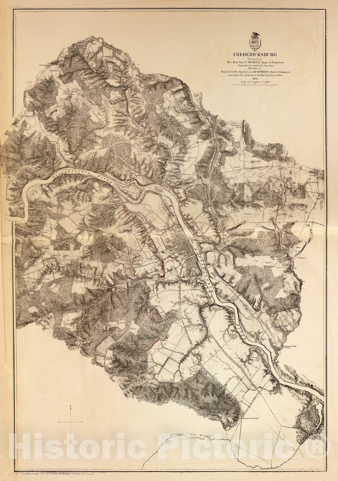Historic 1883 Map - Military maps of The United States. - Fredericksburg, Va, 1867