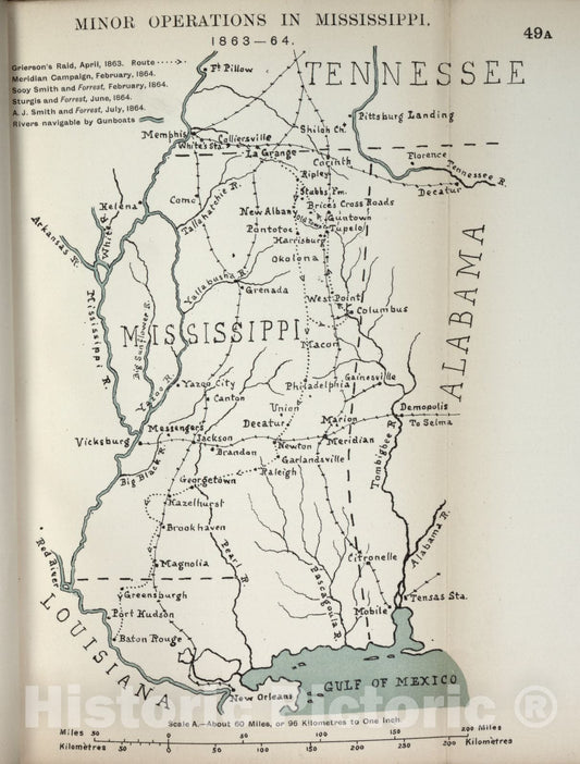 Historic 1910 Map - The American Civil War-maps. - Minor Operations in Mississippi, 1863-1864 2