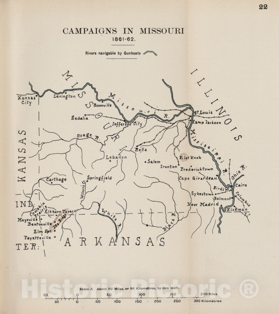 Historic 1910 Map - The American Civil War-maps. - Campaigns in Missouri, 1861-1862 1