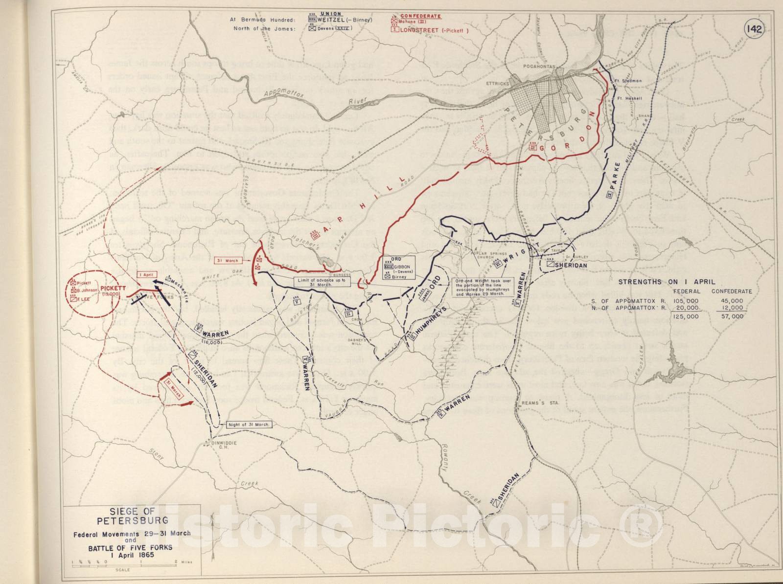 Historic 1962 Map - The West Point Atlas of The Civil War - Siege of Petersburg, Final Federal Attack, April 1865