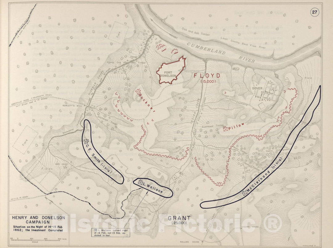 Historic 1962 Map - The West Point Atlas of The Civil War - Henry and Donelson Campaign, February 15-16, 1862