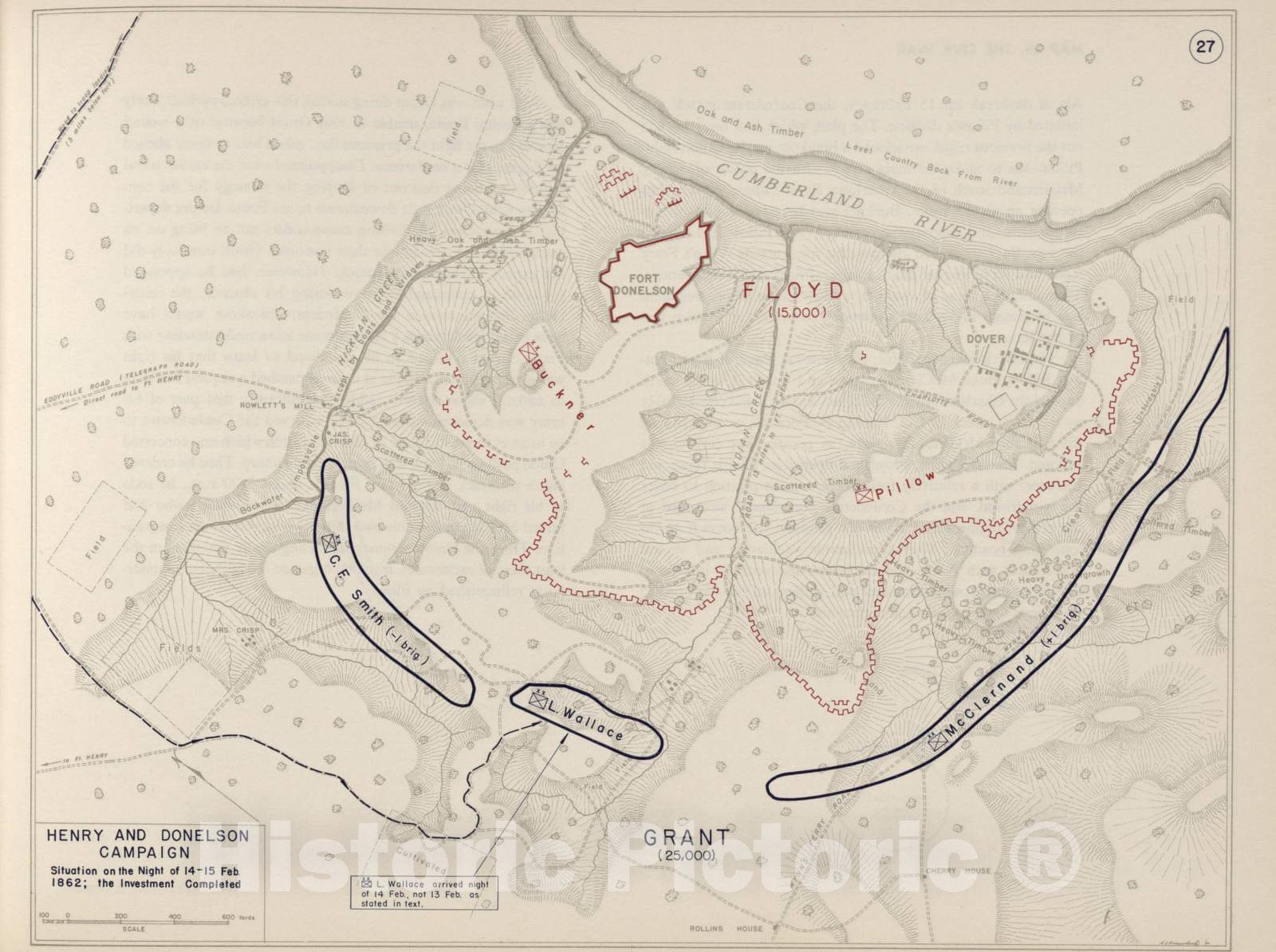 Historic 1962 Map - The West Point Atlas of The Civil War - Henry and Donelson Campaign, February 15-16, 1862